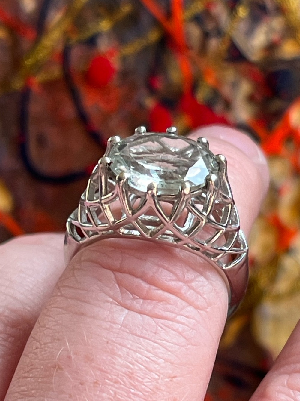 Karis Rhodium Plate Sterling Silver Prasiolite Lattice Work Basket Ring Size 7
